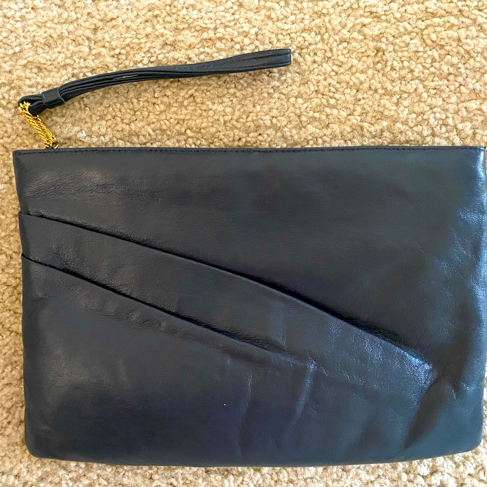 Vintage, RUTH SALTZ Navy Blue Leather Clutch Purse Evening Bag